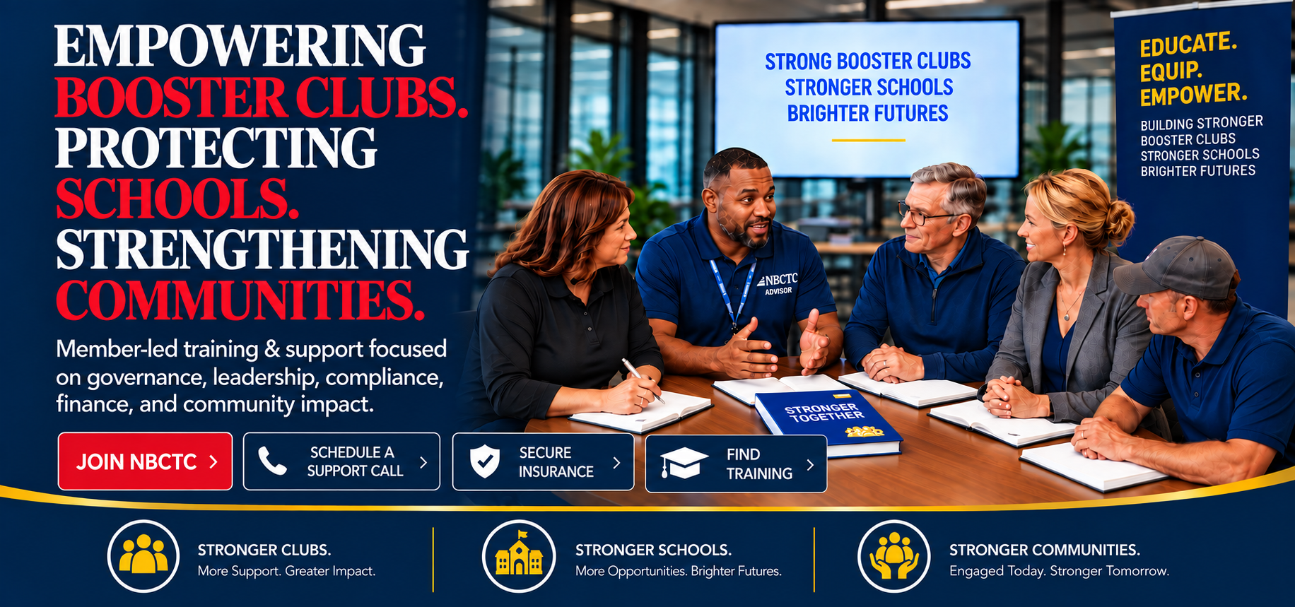 Empowering booster clubs. Protecting schools. Strengthening communities. Member-led training and support focused on governance, leadership, compliance, finance, and community impact. Educate. Equip. Empower. Stronger clubs, stronger schools, stronger communities.